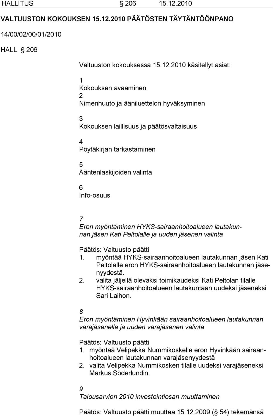 2010 PÄÄTÖSTEN TÄYTÄNTÖÖNPANO 14/00/02/00/01/2010 HALL 206 Valtuuston kokouksessa 15.12.