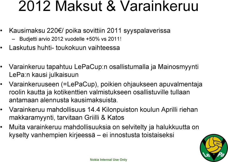 ohjaukseen apuvalmentaja roolin kautta ja kotikenttien valmistukseen osallistuville tullaan antamaan alennusta kausimaksuista. Varainkeruu mahdollisuus 14.