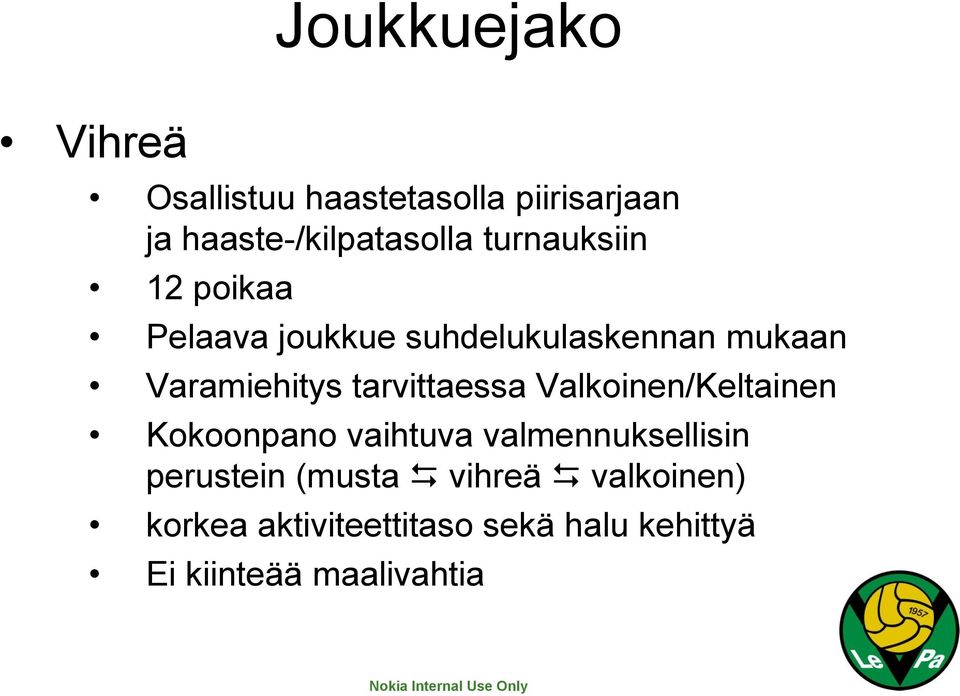tarvittaessa Valkoinen/Keltainen Kokoonpano vaihtuva valmennuksellisin perustein