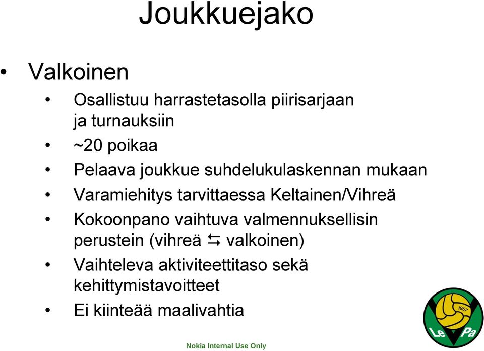 Keltainen/Vihreä Kokoonpano vaihtuva valmennuksellisin perustein (vihreä