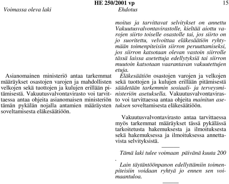 moitus ja tarvittavat selvitykset on annettu Vakuutusvalvontavirastolle, kieltää aiottu varojen siirto toiselle osastolle tai, jos siirto on jo suoritettu, velvoittaa eläkesäätiön ryhtymään