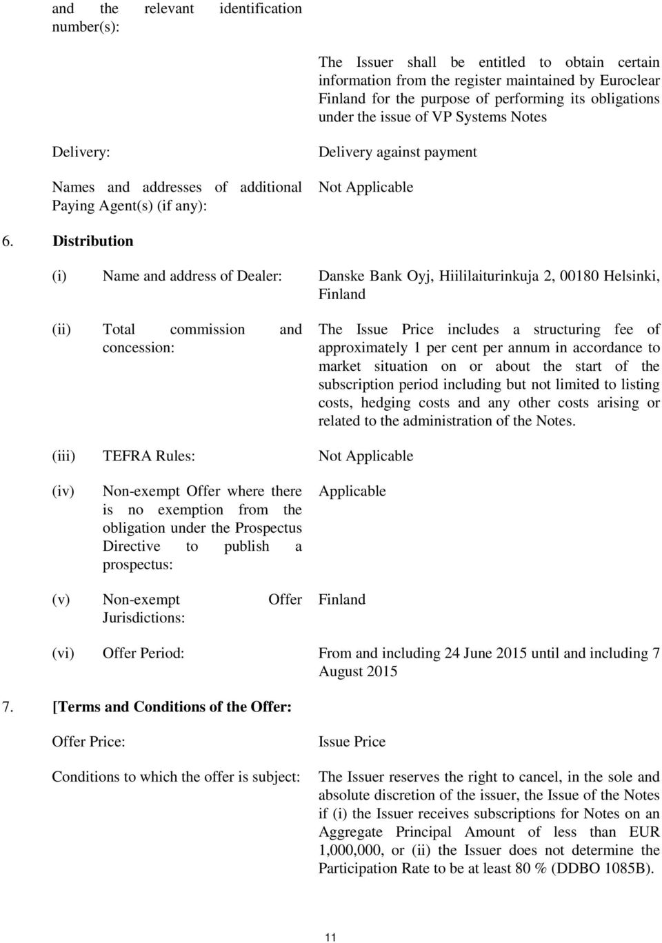 Distribution (i) Name and address of Dealer: Danske Bank Oyj, Hiililaiturinkuja 2, 00180 Helsinki, Finland (ii) Total commission and concession: The Issue Price includes a structuring fee of