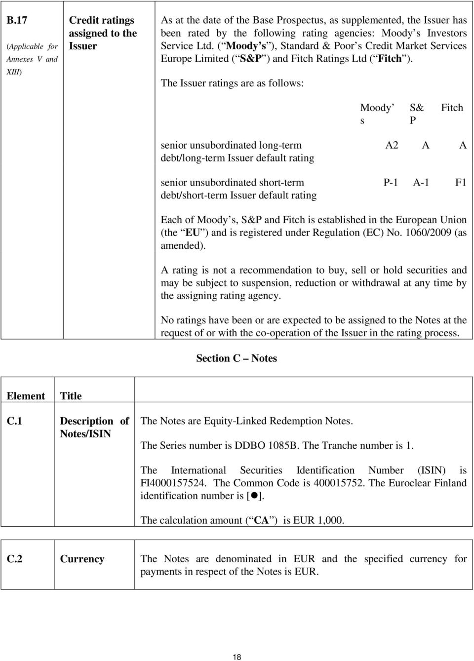 The Issuer ratings are as follows: Moody s S& P Fitch senior unsubordinated long-term debt/long-term Issuer default rating senior unsubordinated short-term debt/short-term Issuer default rating A2 A