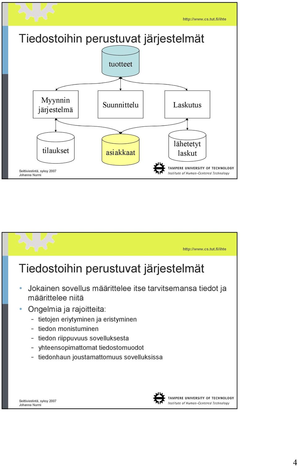 ja määrittelee niitä Ongelmia ja rajoitteita: - tietojen eriytyminen ja eristyminen - tiedon monistuminen -