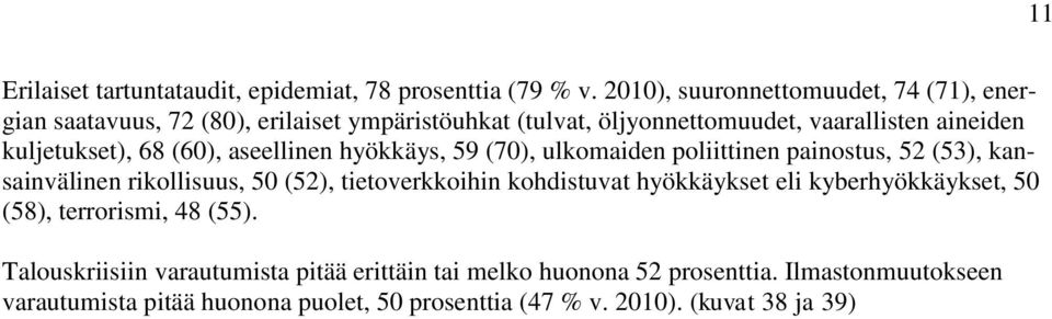 kuljetukset), 68 (60), aseellinen hyökkäys, 59 (70), ulkomaiden poliittinen painostus, 52 (53), kansainvälinen rikollisuus, 50 (52), tietoverkkoihin