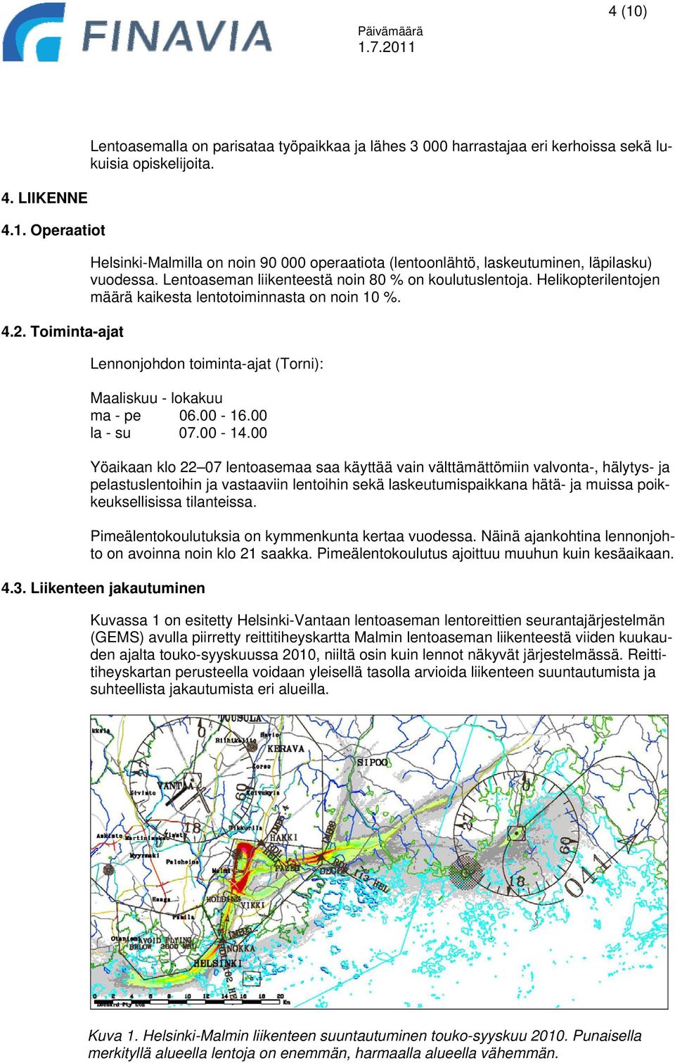Helikopterilentojen määrä kaikesta lentotoiminnasta on noin 10 %. Lennonjohdon toiminta-ajat (Torni): Maaliskuu - lokakuu ma - pe 06.00-16.00 la - su 07.00-14.