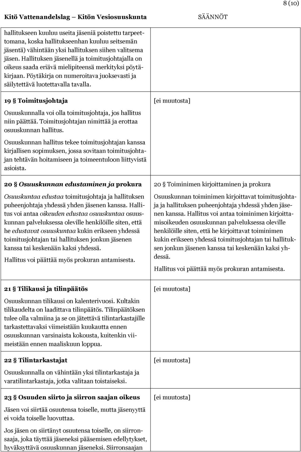 19 Toimitusjohtaja Osuuskunnalla voi olla toimitusjohtaja, jos hallitus niin päättää. Toimitusjohtajan nimittää ja erottaa osuuskunnan hallitus.