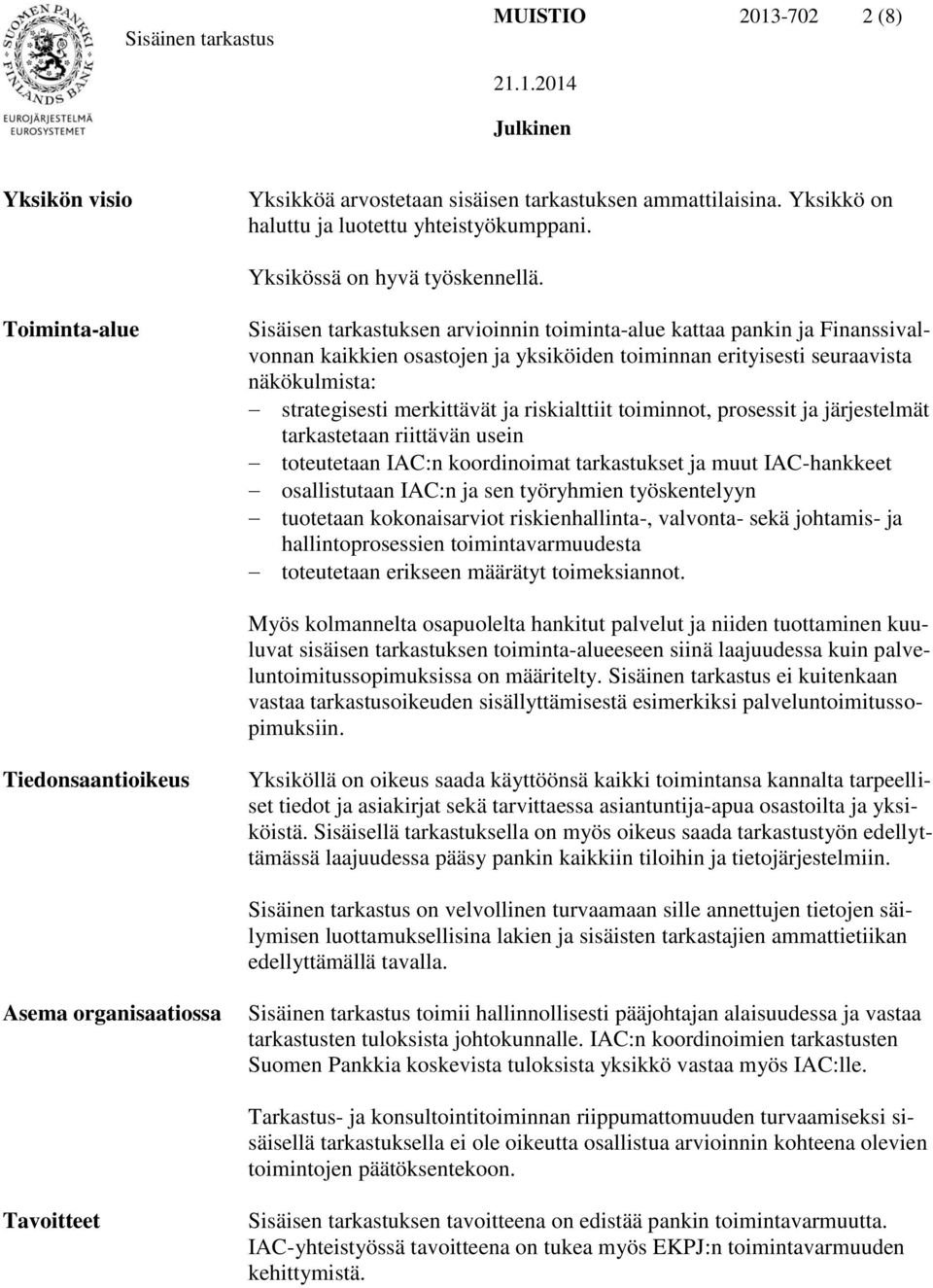 merkittävät ja riskialttiit toiminnot, prosessit ja järjestelmät tarkastetaan riittävän usein toteutetaan IAC:n koordinoimat tarkastukset ja muut IAC-hankkeet osallistutaan IAC:n ja sen työryhmien