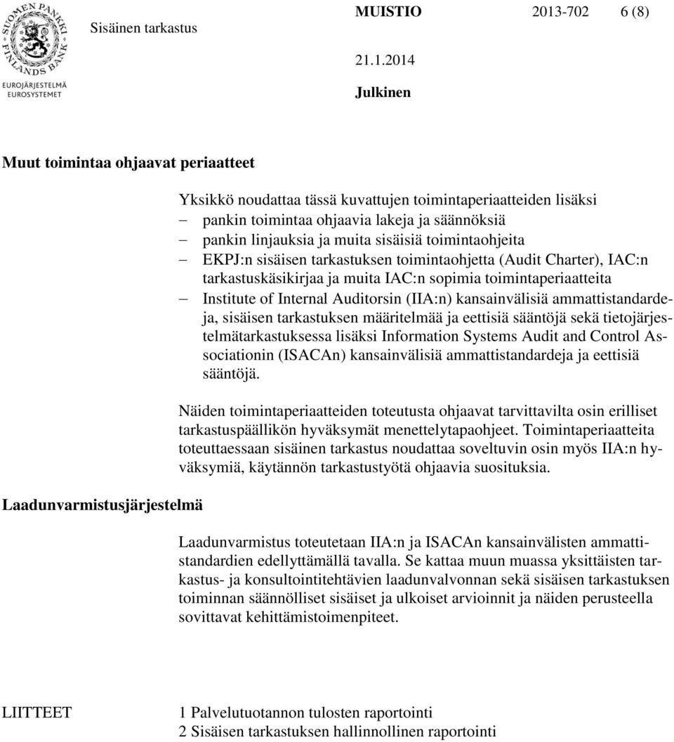 Internal Auditorsin (IIA:n) kansainvälisiä ammattistandardeja, sisäisen tarkastuksen määritelmää ja eettisiä sääntöjä sekä tietojärjestelmätarkastuksessa lisäksi Information Systems Audit and Control