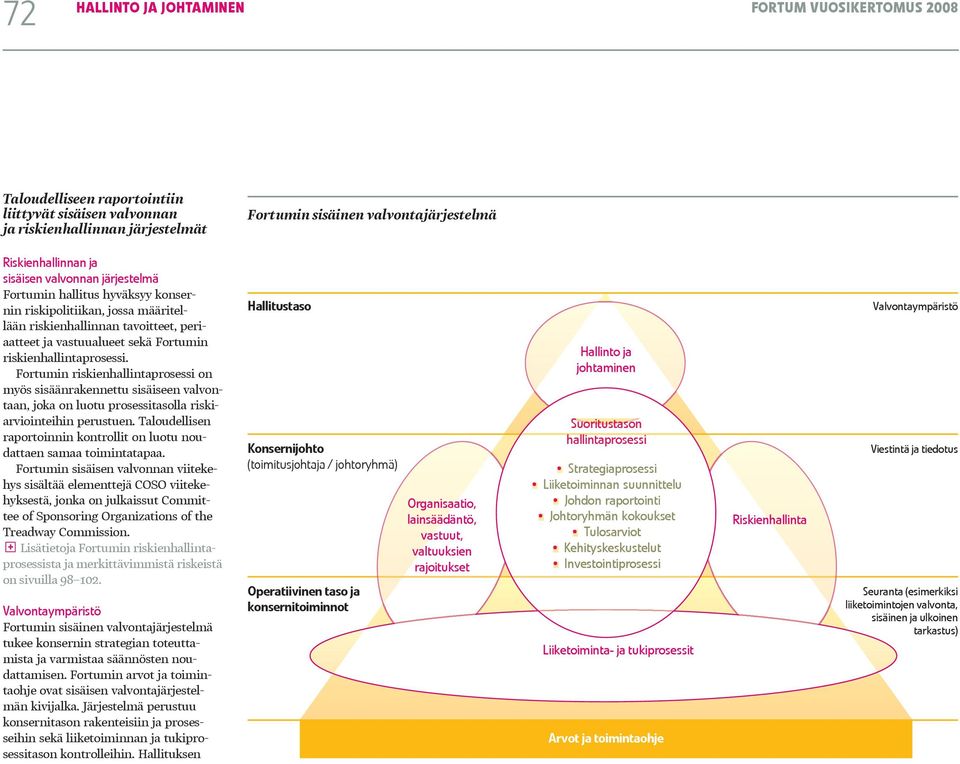 riskienhallintaprosessi. Fortumin riskienhallintaprosessi on myös sisäänrakennettu sisäiseen valvontaan, joka on luotu prosessitasolla riskiarviointeihin perustuen.