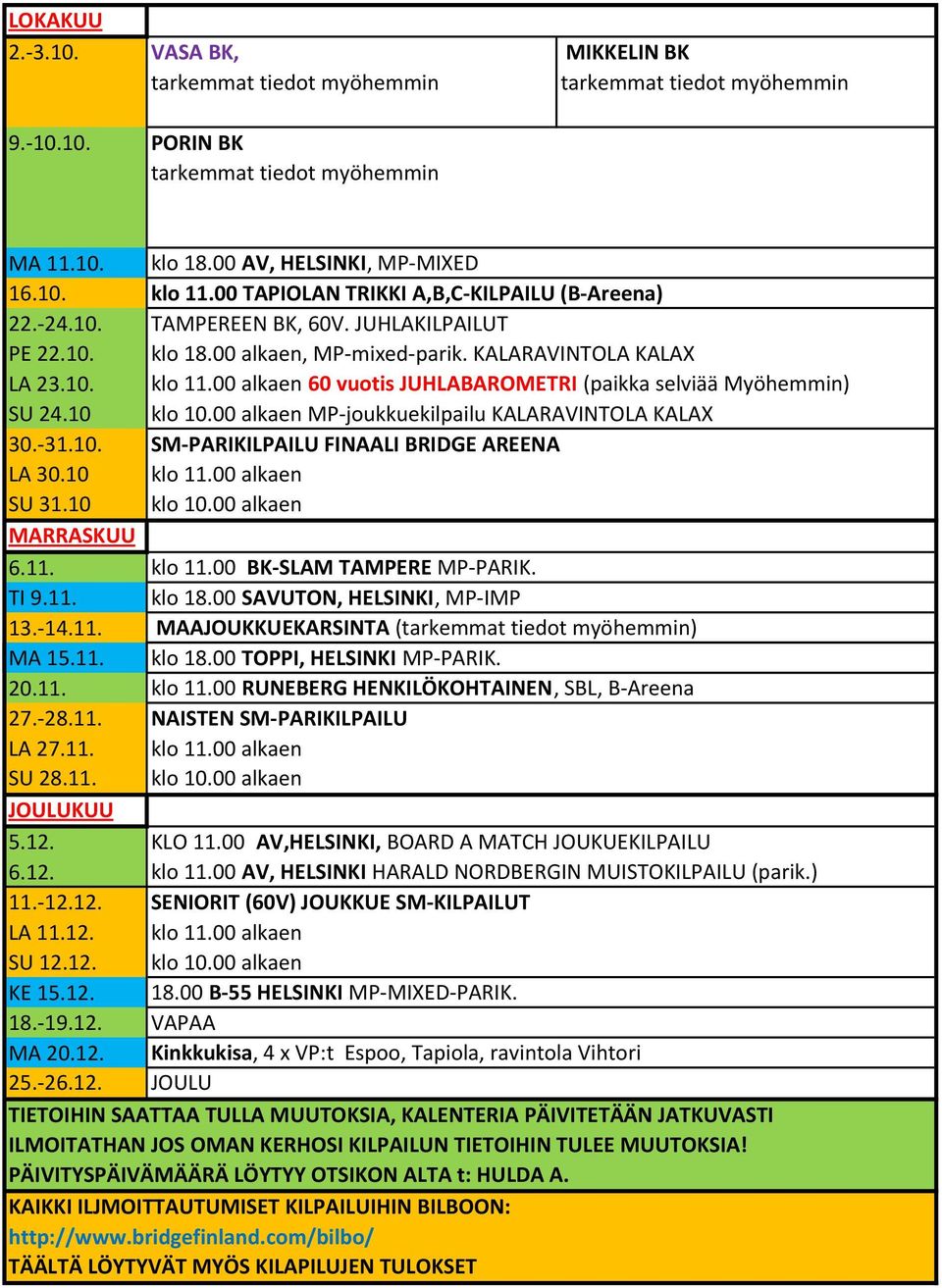 00 alkaen MP-joukkuekilpailu KALARAVINTOLA KALAX 30.-31.10. SM-PARIKILPAILU FINAALI BRIDGE AREENA LA 30.10 klo 11.00 alkaen SU 31.10 klo 10.00 alkaen MARRASKUU 6.11. klo 11.00 BK-SLAM TAMPERE MP-PARIK.