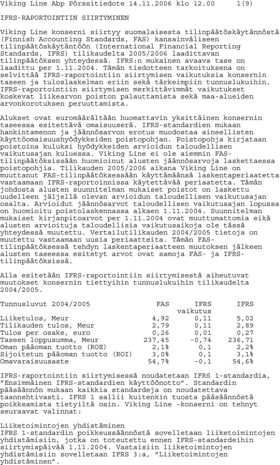 Financial Reporting Standards, IFRS) tilikaudelta 2005/2006 laadittavan tilinpäätöksen yhteydessä. IFRS:n mukainen avaava tase on laadittu per 1.11.2004.