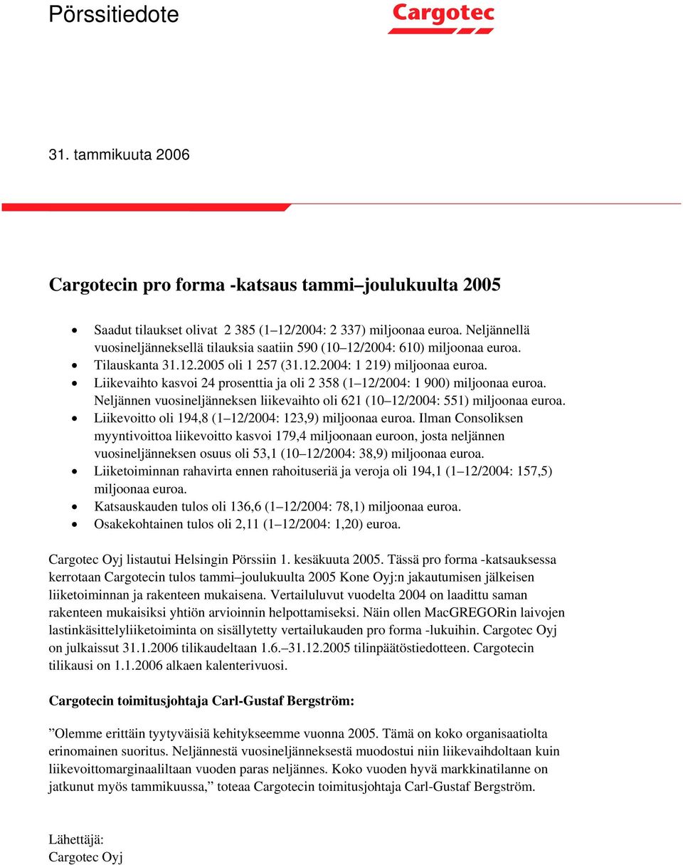 Liikevaihto kasvoi 24 prosenttia ja oli 2 358 (1 12/2004: 1 900) miljoonaa euroa. Neljännen vuosineljänneksen liikevaihto oli 621 (10 12/2004: 551) miljoonaa euroa.