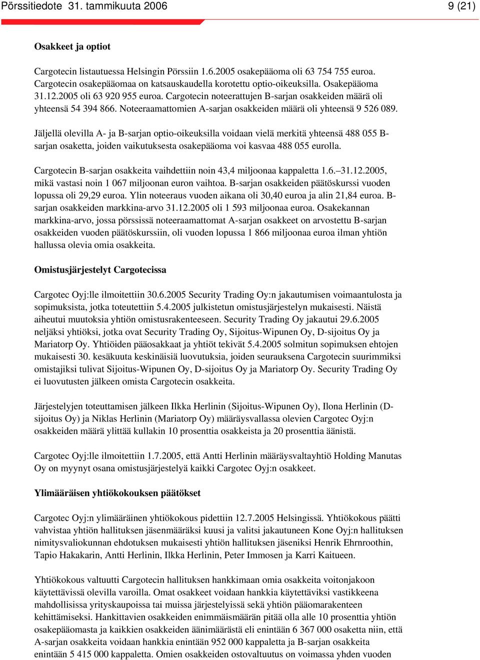 Jäljellä olevilla A- ja B-sarjan optio-oikeuksilla voidaan vielä merkitä yhteensä 488 055 B- sarjan osaketta, joiden vaikutuksesta osakepääoma voi kasvaa 488 055 eurolla.
