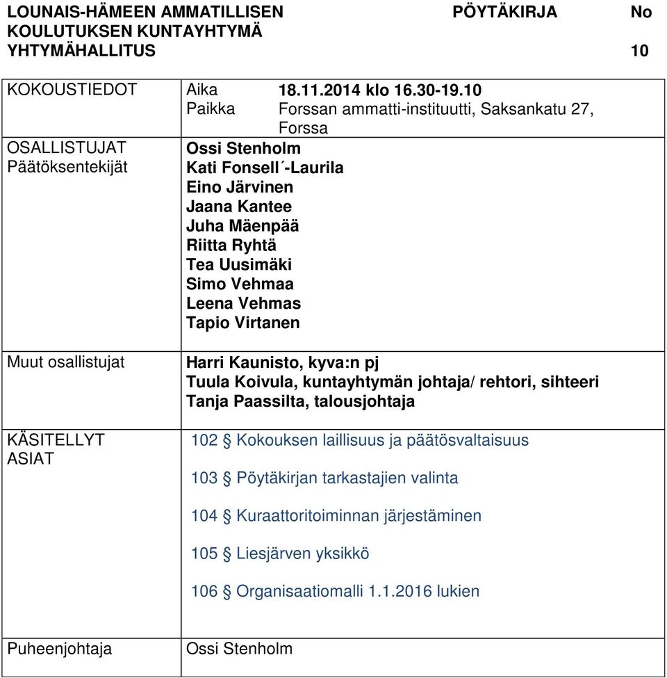 10 Forssan ammatti-instituutti, Saksankatu 27, Forssa Harri Kaunisto, kyva:n pj Tuula Koivula, kuntayhtymän johtaja/ rehtori, sihteeri Tanja Paassilta, talousjohtaja