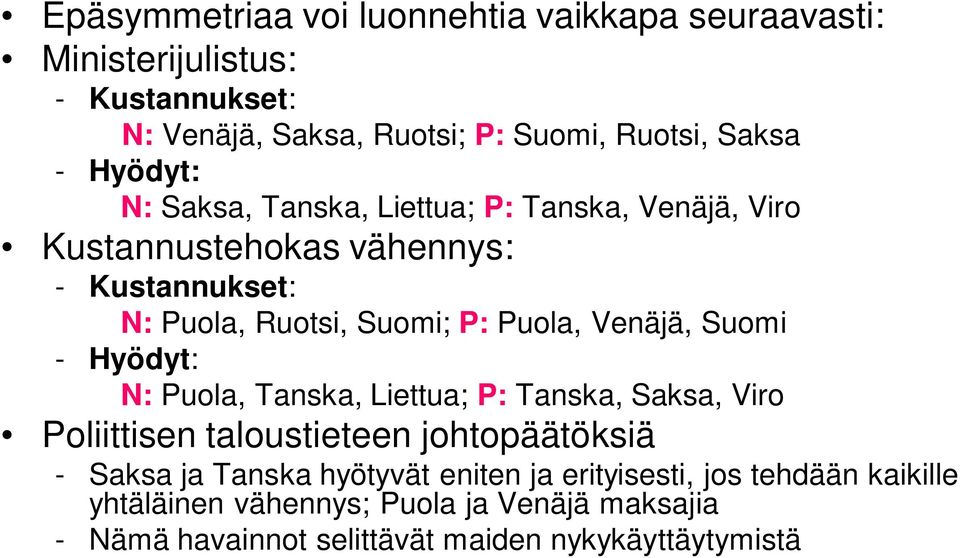 Venäjä, Suomi - Hyödyt: N: Puola, Tanska, Liettua; P: Tanska, Saksa, Viro Poliittisen taloustieteen johtopäätöksiä - Saksa ja Tanska