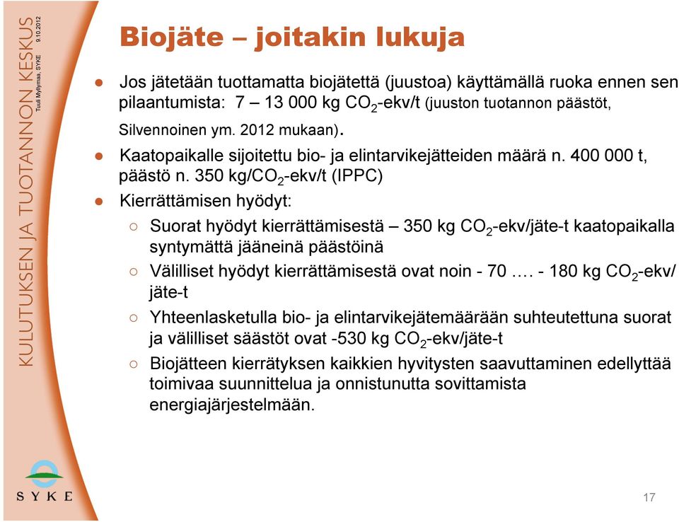 350 kg/co 2 -ekv/t (IPPC) Kierrättämisen hyödyt: Suorat hyödyt kierrättämisestä 350 kg CO 2 -ekv/jäte-t kaatopaikalla syntymättä jääneinä päästöinä Välilliset hyödyt kierrättämisestä ovat noin