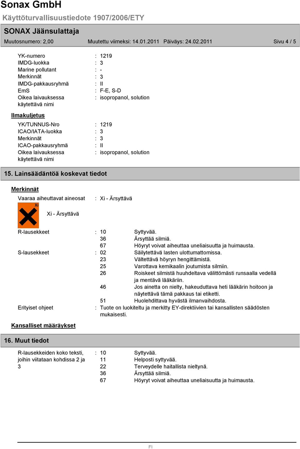 1219 II isopropanol, solution 15.