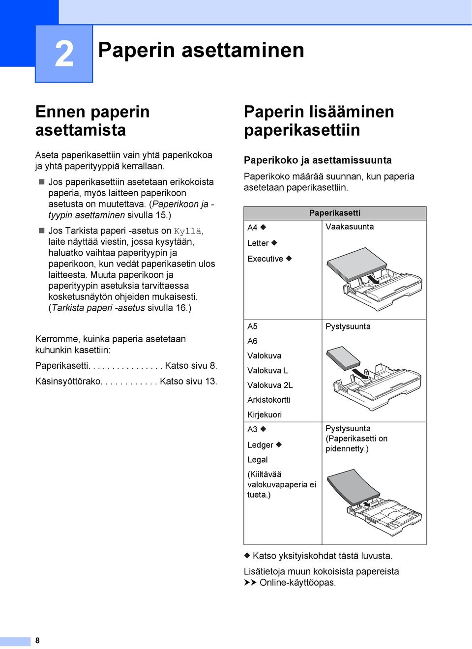 ) Jos Tarkista paperi -asetus on Kyllä, laite näyttää viestin, jossa kysytään, haluatko vaihtaa paperityypin ja paperikoon, kun vedät paperikasetin ulos laitteesta.
