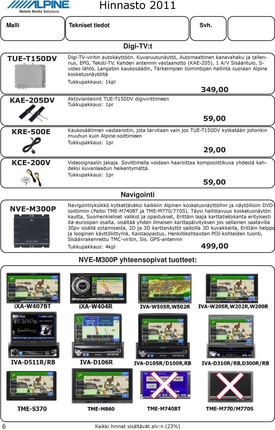 suoraan Alpine kosketusnäytöltä Tukkupakkaus: 1kplTukkupakkaus: 6kpl Aktiiviantennit TUE-T150DV digivirittimeen Tukkupakkaus: 1prTukkupakkaus: 6kpl 349,00 59,00 KRE-500E KCE-200V NVE-M300P