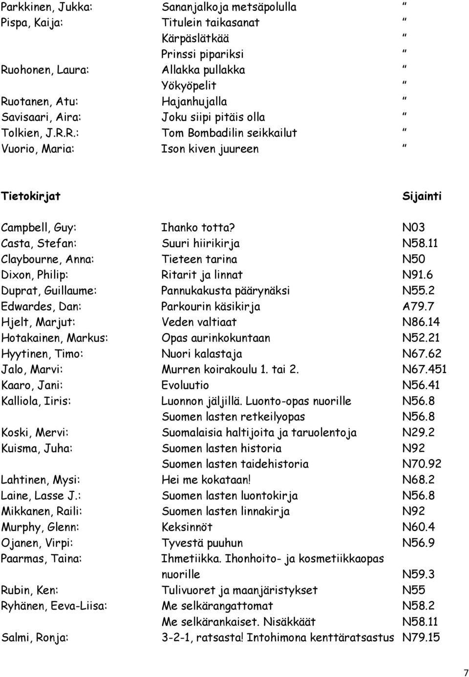 11 Claybourne, Anna: Tieteen tarina N50 Dixon, Philip: Ritarit ja linnat N91.6 Duprat, Guillaume: Pannukakusta päärynäksi N55.2 Edwardes, Dan: Parkourin käsikirja A79.