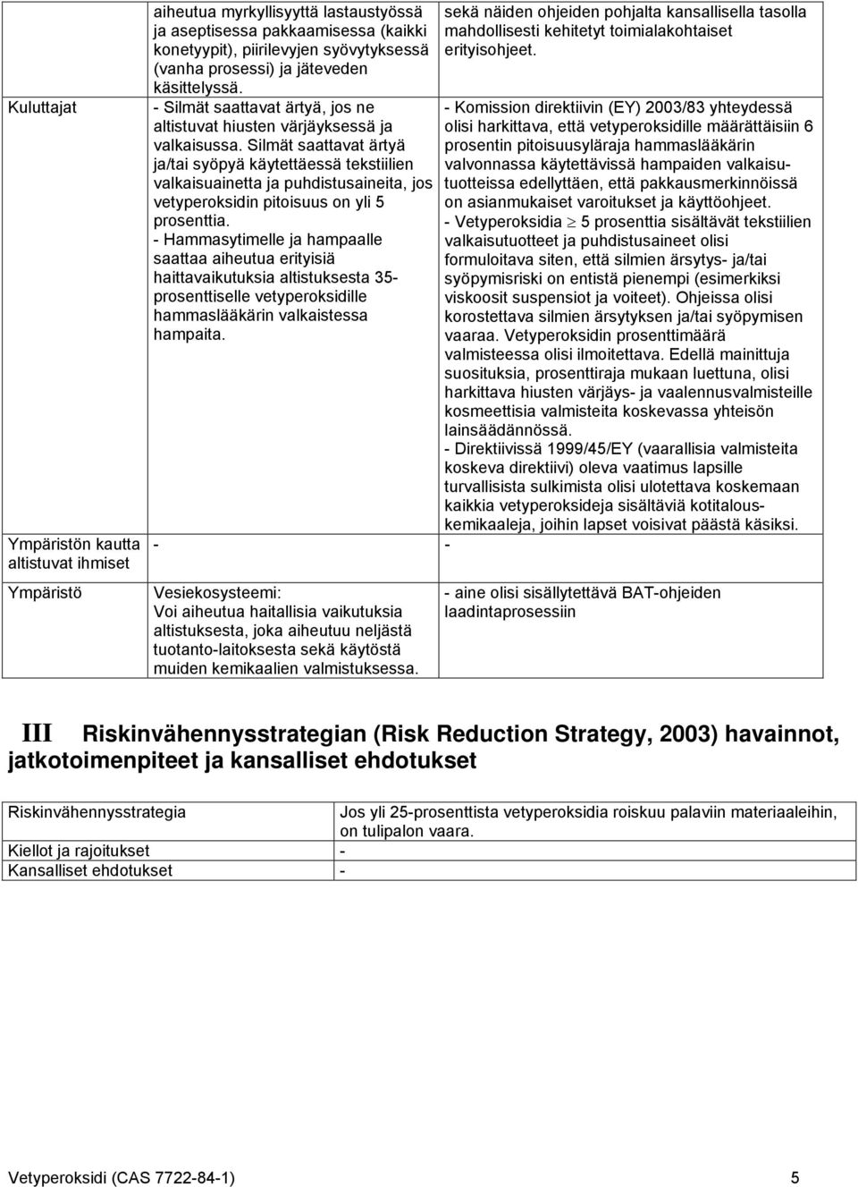 Silmät saattavat ärtyä ja/tai syöpyä käytettäessä tekstiilien valkaisuainetta ja puhdistusaineita, jos vetyperoksidin pitoisuus on yli 5 prosenttia.