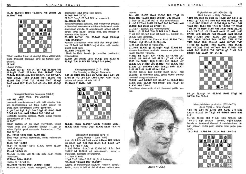 Ld4 Th6 37.h4 Tc7 38.Kh2 Thh7 39.Kg3 Tce7 40.a4 Kc7 4.a5 Rc8 42.Le5+ Rd6 43.0g6-0 Kuningasintialainen puolustus (E68-9) Jouni Yrjölä - Pia Cramling.d4 Rf6 2.