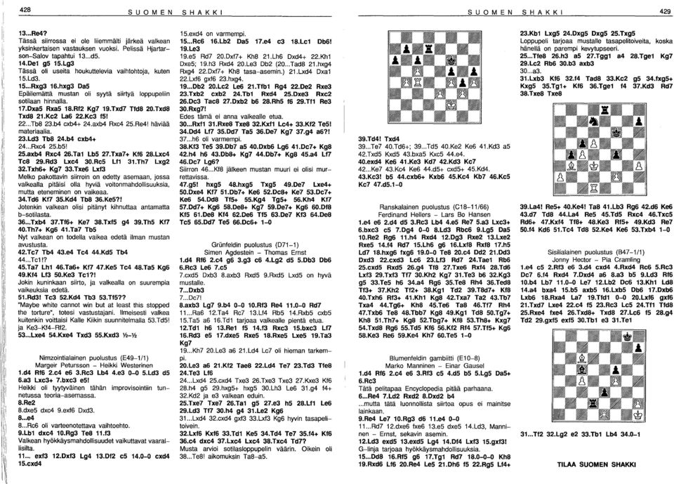 Ke2 La6 22.Ke3 fs! 22... Tb8 23.b4 cxb4+ 24.axb4 Rxc4 25.Re4! häviää materiaalia. 23.Ld3 TbS 24.b4 exb4+ 24... Rxc4 25.b5! 2S.axb4 Rxe4 26.Tal LbS 27.Txa7+ Kf6 2S.Lxe4 TcS 29.Rd3 Lxe4 30.ReS Lfl 3.