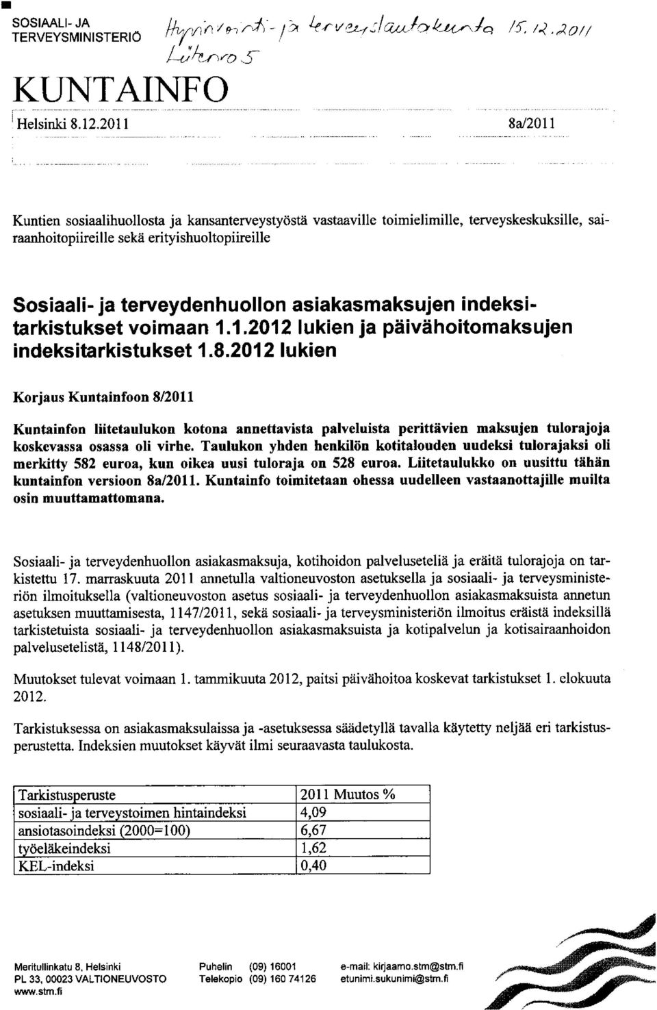 asiakasmaksujen i ndeksitarkistukset voimaan 1.1.2012 lukien ja piiiviihoitomaksujen indeksitarkistu kset 1.8.