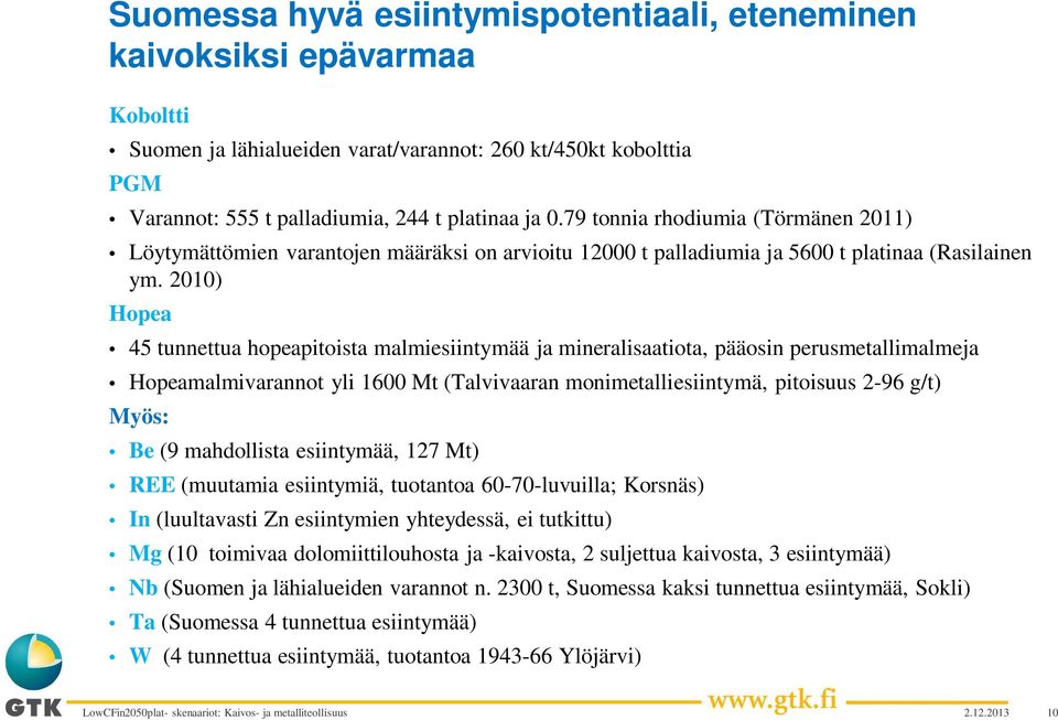 2010) Hopea 45 tunnettua hopeapitoista malmiesiintymää ja mineralisaatiota, pääosin perusmetallimalmeja Hopeamalmivarannot yli 1600 Mt (Talvivaaran monimetalliesiintymä, pitoisuus 2-96 g/t) Myös: Be