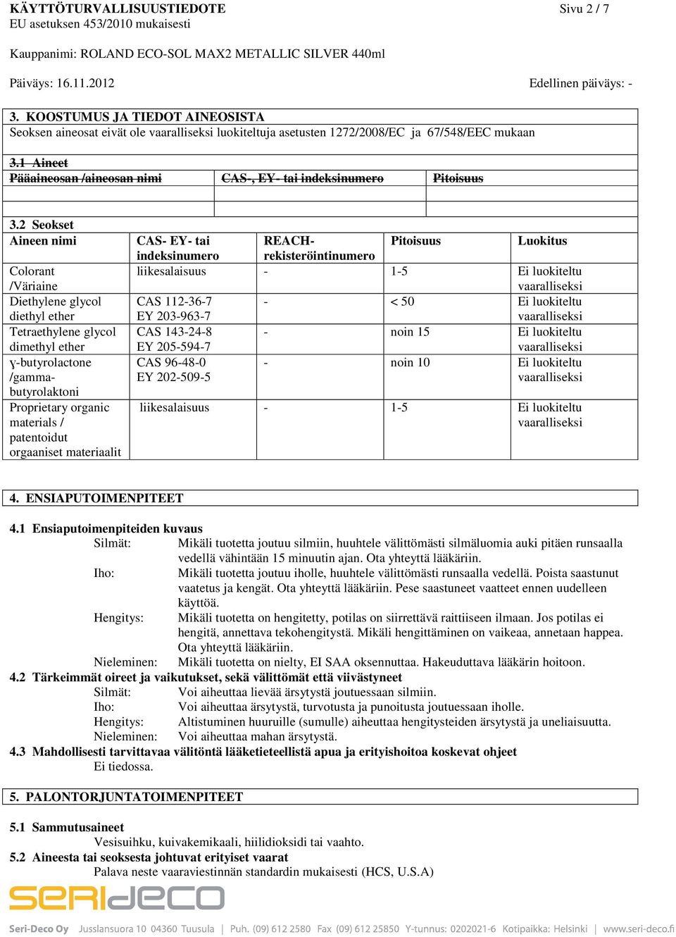 2 Seokset Aineen nimi Colorant /Väriaine Diethylene glycol diethyl ether Tetraethylene glycol dimethyl ether ɣbutyrolactone /gammabutyrolaktoni Proprietary organic materials / patentoidut orgaaniset