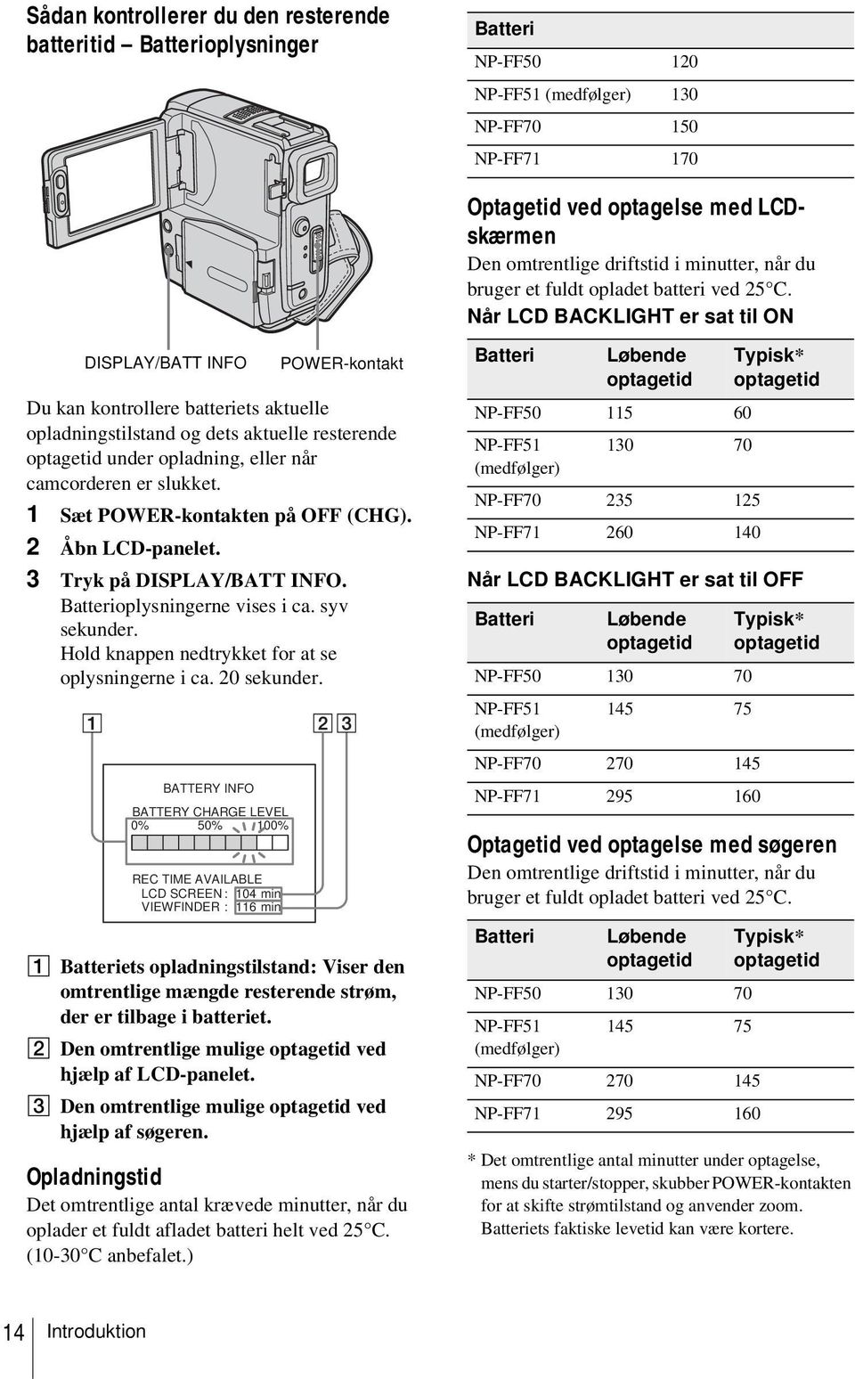 Når LCD BACKLIGHT er sat til ON DISPLAY/BATT INFO POWER-kontakt Du kan kontrollere batteriets aktuelle opladningstilstand og dets aktuelle resterende optagetid under opladning, eller når camcorderen