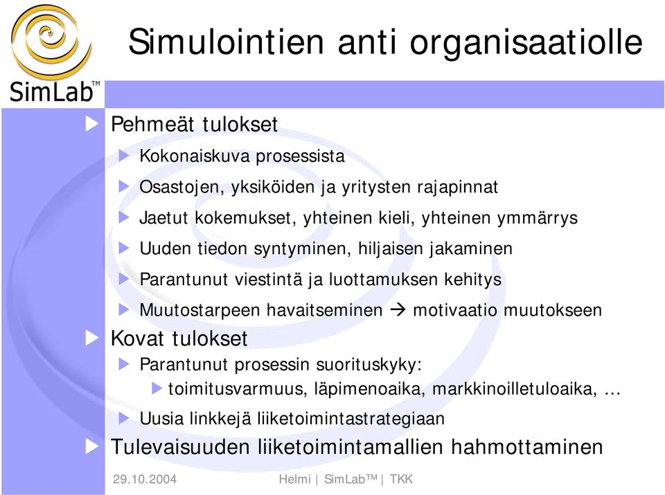 luottamuksen kehitys Muutostarpeen havaitseminen motivaatio muutokseen Kovat tulokset Parantunut prosessin suorituskyky: