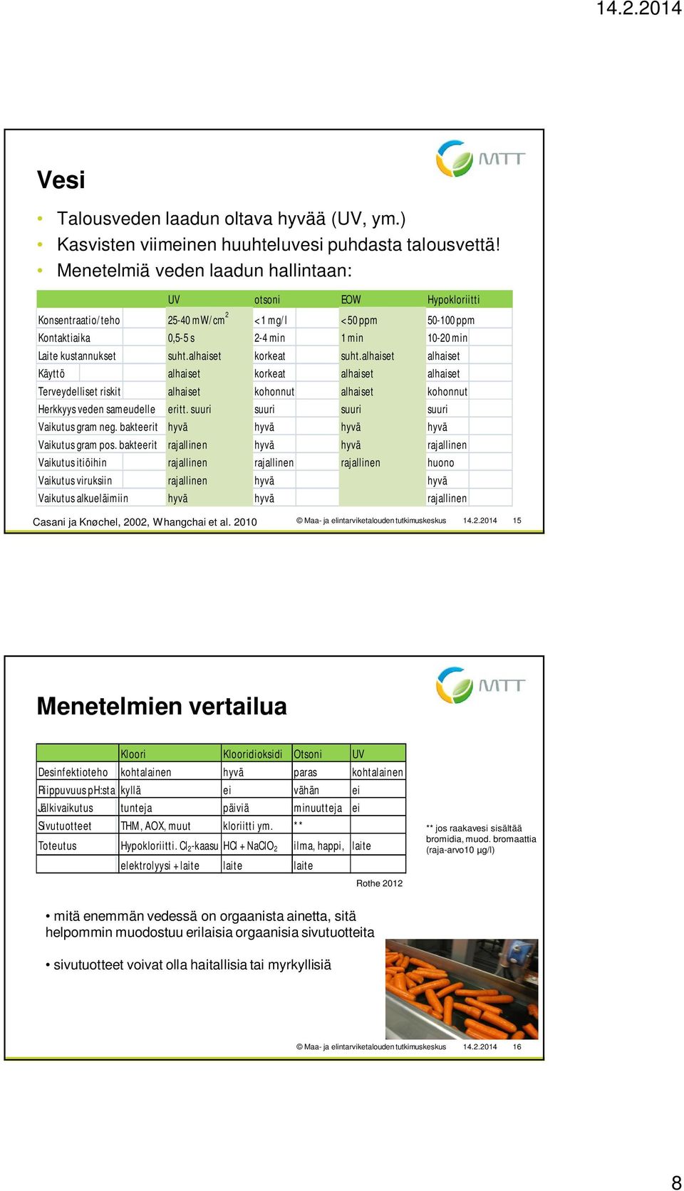 alhaiset korkeat suht.alhaiset alhaiset Käyttö alhaiset korkeat alhaiset alhaiset Terveydelliset riskit alhaiset kohonnut alhaiset kohonnut Herkkyys veden sameudelle eritt.