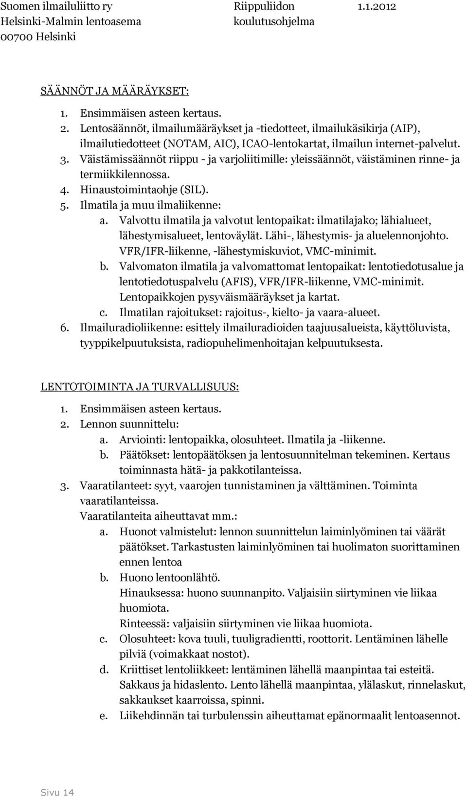 Väistämissäännöt riippu - ja varjoliitimille: yleissäännöt, väistäminen rinne- ja termiikkilennossa. 4. Hinaustoimintaohje (SIL). 5. Ilmatila ja muu ilmaliikenne: a.