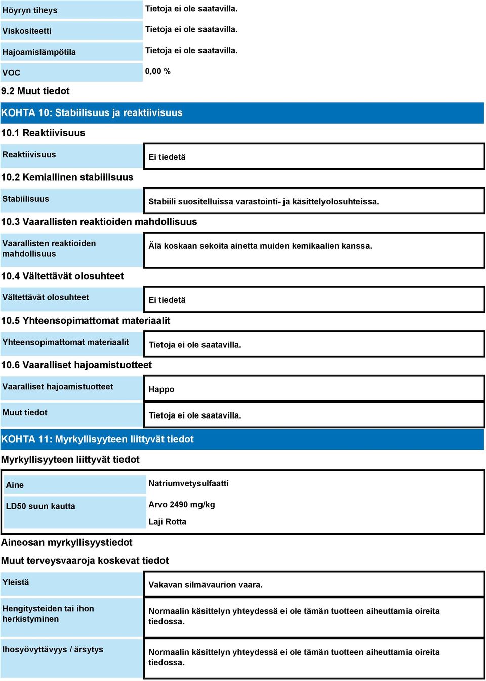 3 Vaarallisten reaktioiden mahdollisuus Vaarallisten reaktioiden mahdollisuus Älä koskaan sekoita ainetta muiden kemikaalien kanssa. 10.4 Vältettävät olosuhteet Vältettävät olosuhteet Ei tiedetä 10.