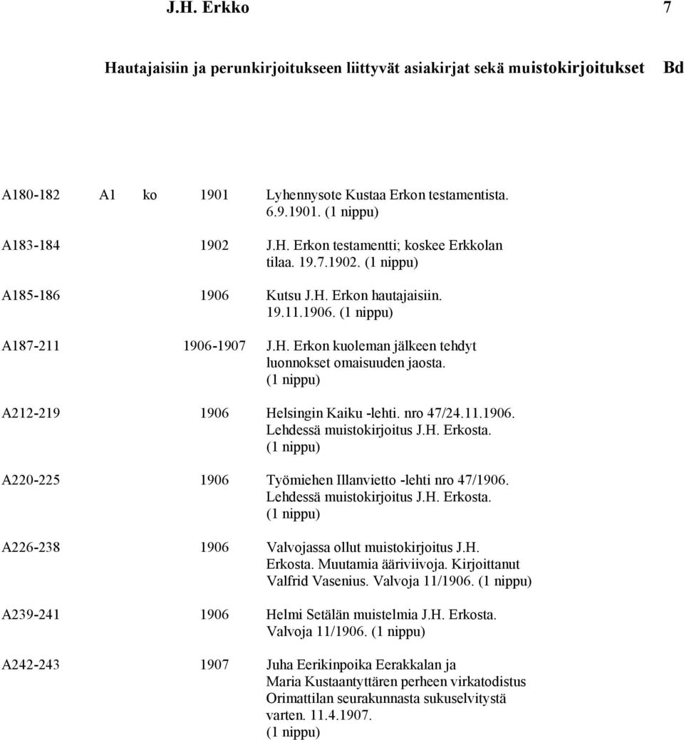 11.1906. Lehdessä muistokirjoitus J.H. Erkosta. A220-225 1906 Työmiehen Illanvietto -lehti nro 47/1906. Lehdessä muistokirjoitus J.H. Erkosta. A226-238 1906 Valvojassa ollut muistokirjoitus J.H. Erkosta. Muutamia ääriviivoja.