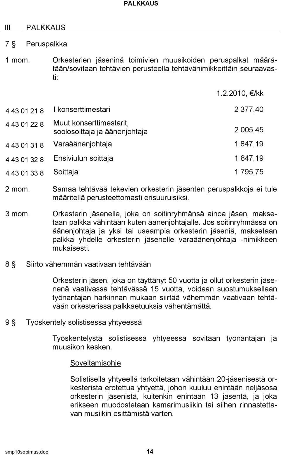 1 847,19 4 43 01 33 8 Soittaja 1 795,75 2 mom. Samaa tehtävää tekevien orkesterin jäsenten peruspalkkoja ei tule määritellä perusteettomasti erisuuruisiksi. 3 mom.