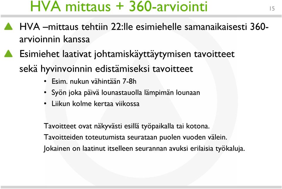 nukun vähintään 7-8h Syön joka päivä lounastauolla lämpimän lounaan Liikun kolme kertaa viikossa Tavoitteet ovat näkyvästi