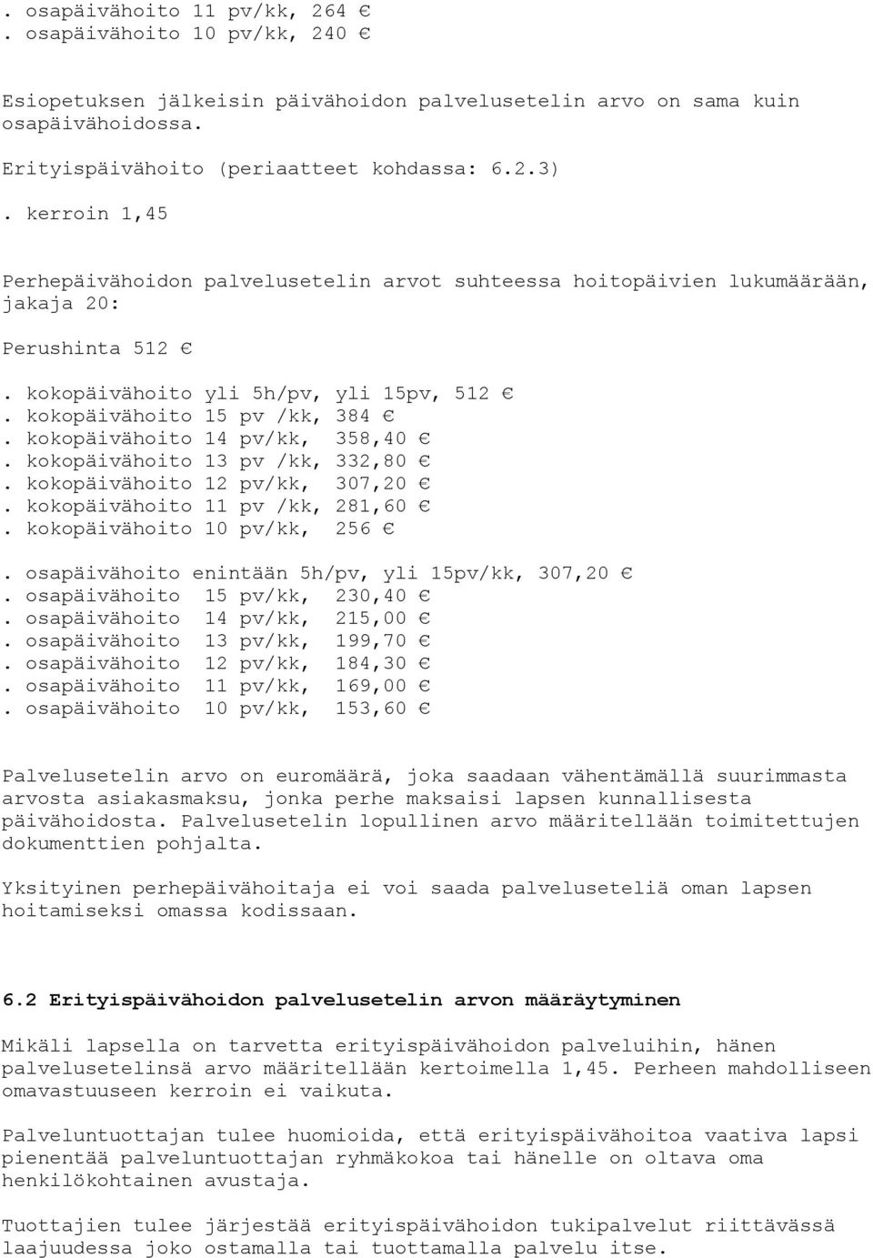 kokopäivähoito 14 pv/kk, 358,40. kokopäivähoito 13 pv /kk, 332,80. kokopäivähoito 12 pv/kk, 307,20. kokopäivähoito 11 pv /kk, 281,60. kokopäivähoito 10 pv/kk, 256.
