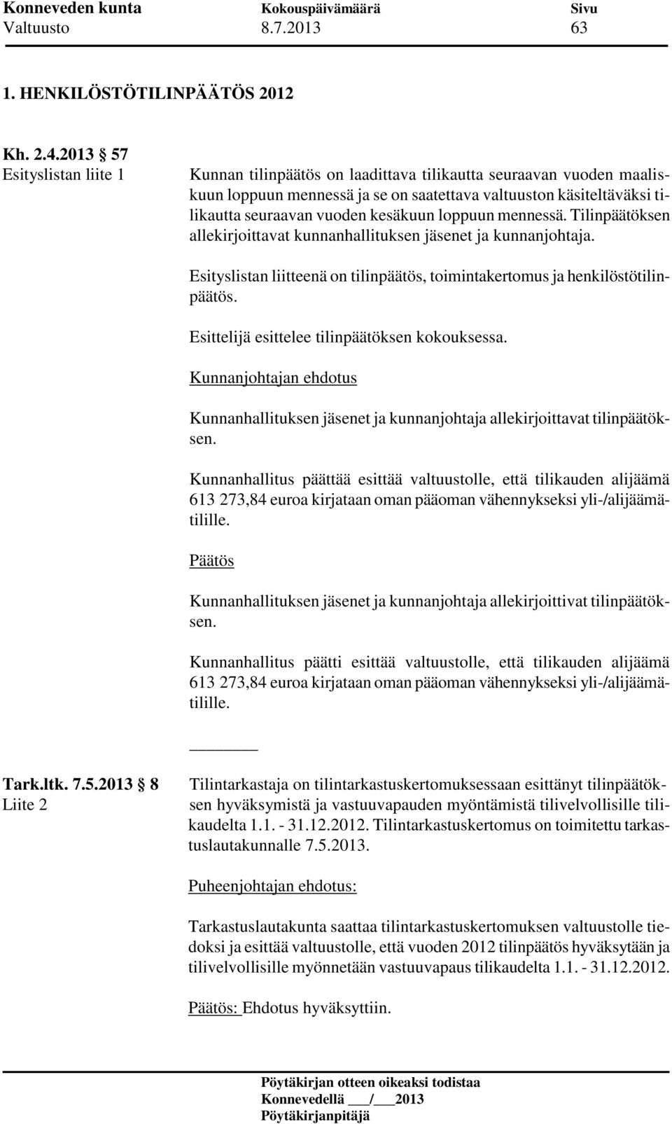 kesäkuun loppuun mennessä. Tilinpäätöksen allekirjoittavat kunnanhallituksen jäsenet ja kunnanjohtaja. Esityslistan liitteenä on tilinpäätös, toimintakertomus ja henkilöstötilinpäätös.