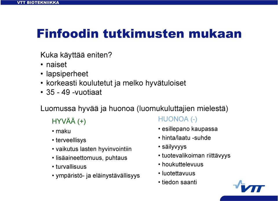 (luomukuluttajien mielestä) HYVÄÄ (+) HUONOA (-) maku terveellisys vaikutus lasten hyvinvointiin