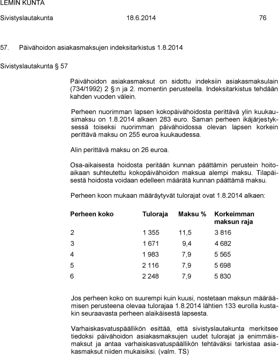 Saman perheen ikäjärjestyksessä toiseksi nuorimman päivähoidossa olevan lapsen korkein perittävä maksu on 255 euroa kuukaudessa. Alin perittävä maksu on 26 euroa.