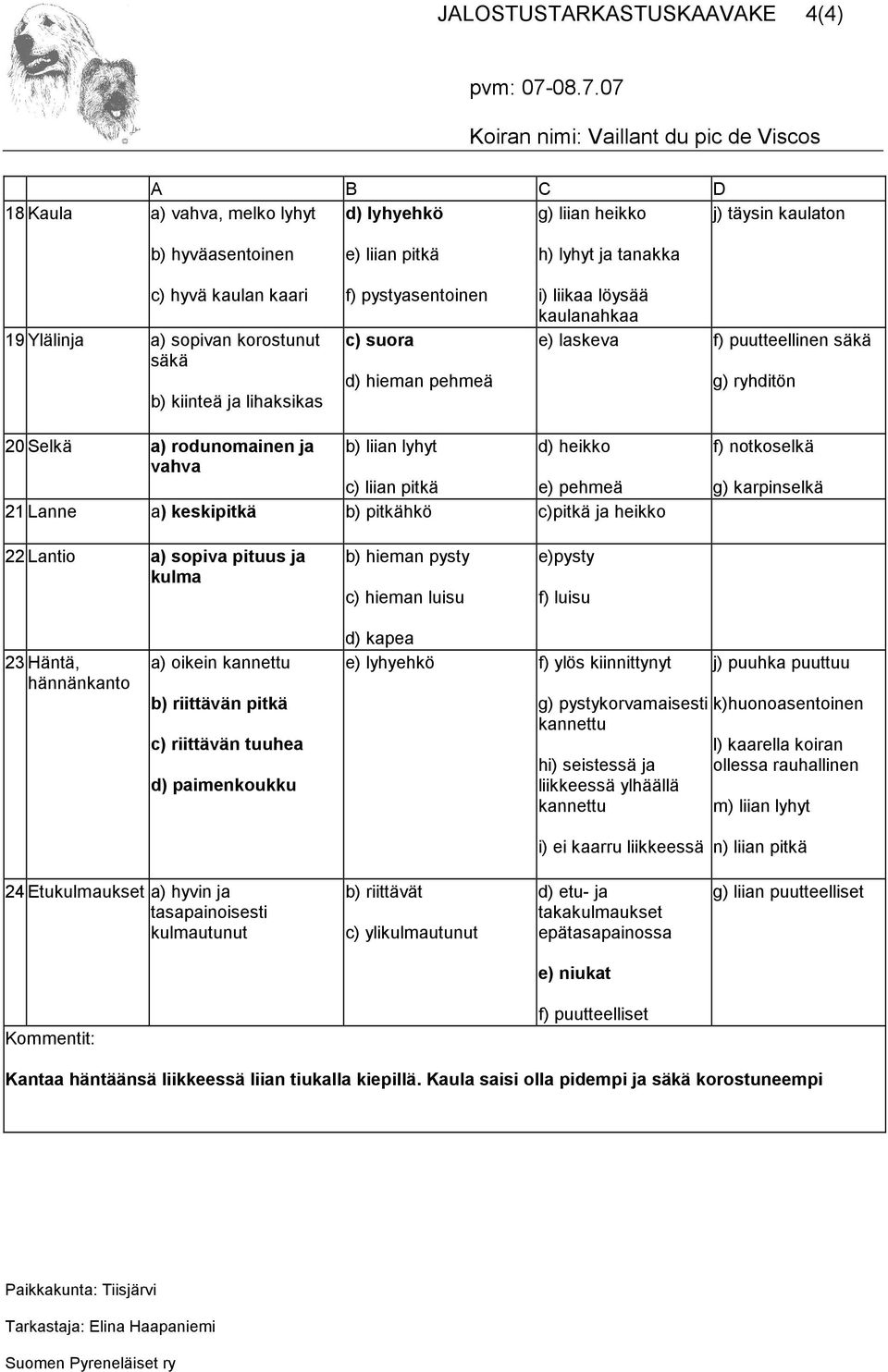 b) liian lyhyt d) heikko c) liian pitkä e) pehmeä 21 Lanne a) keskipitkä b) pitkähkö c)pitkä ja heikko f) notkoselkä g) karpinselkä 22 Lantio a) sopiva pituus ja kulma b) hieman pysty c) hieman luisu