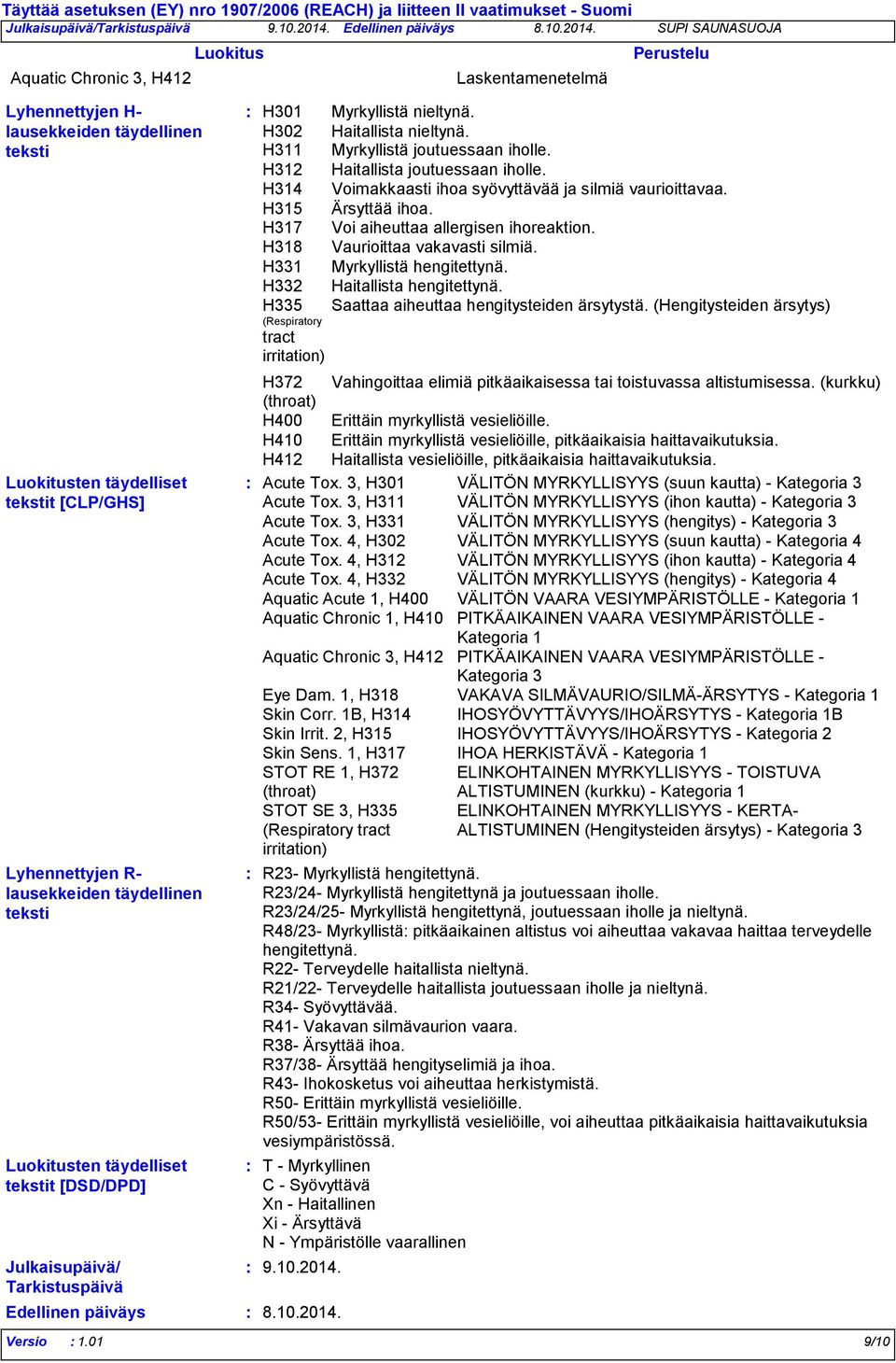Luokitus Perustelu Aquatic Chronic 3, H412 Laskentamenetelmä Lyhennettyjen H lausekkeiden täydellinen teksti Luokitusten täydelliset tekstit [CLP/GHS] Lyhennettyjen R lausekkeiden täydellinen teksti