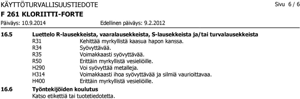 R34 Syövyttävää. R35 Voimakkaasti syövyttävää. R50 Erittäin myrkyllistä vesieliöille.