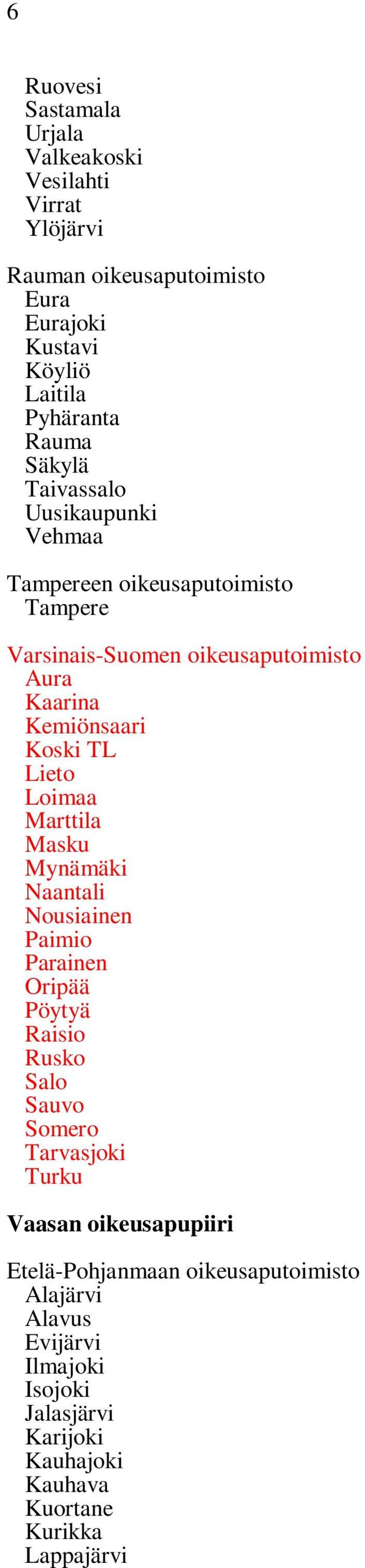 Lieto Loimaa Marttila Masku Mynämäki Naantali Nousiainen Paimio Parainen Oripää Pöytyä Raisio Rusko Salo Sauvo Somero Tarvasjoki Turku Vaasan