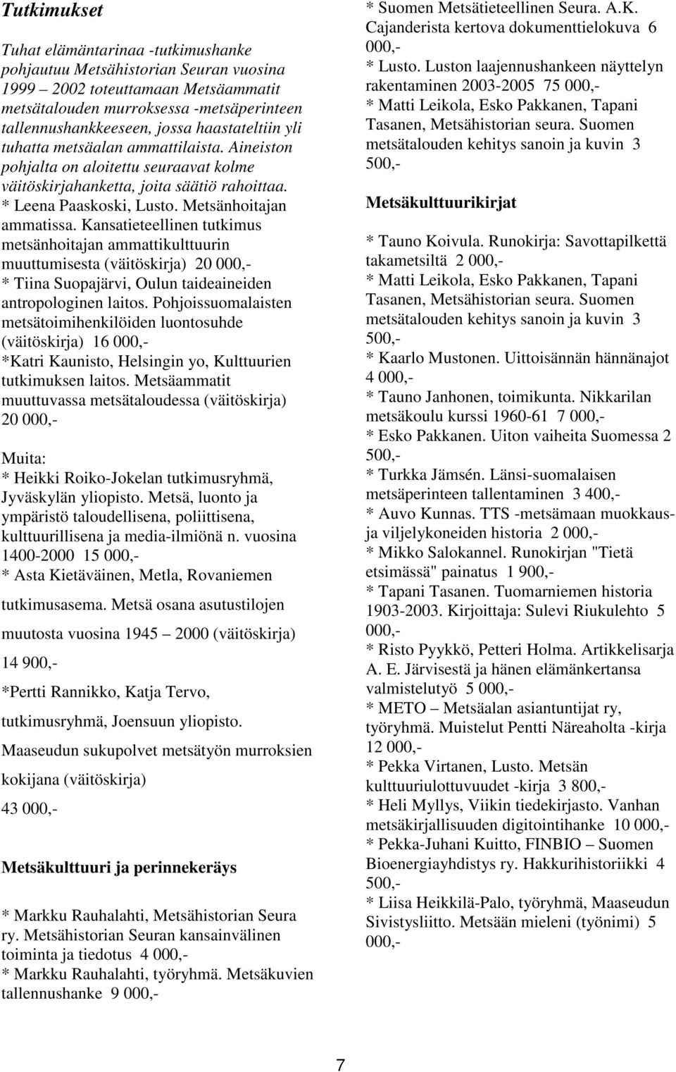 Kansatieteellinen tutkimus metsänhoitajan ammattikulttuurin muuttumisesta (väitöskirja) 20 000,- * Tiina Suopajärvi, Oulun taideaineiden antropologinen laitos.