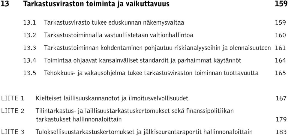 5 Tehokkuus- ja vakausohjelma tukee tarkastusviraston toiminnan tuottavuutta 165 LIITE 1 Kielteiset laillisuuskannanotot ja ilmoitusvelvollisuudet 167 LIITE 2 Tilintarkastus-