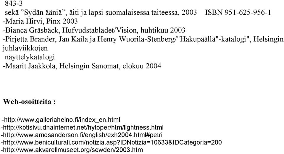 Helsingin Sanomat, elokuu 2004 Web-osoitteita : -http://www.galleriaheino.fi/index_en.html -http://kotisivu.dnainternet.net/hytoper/htm/lightness.